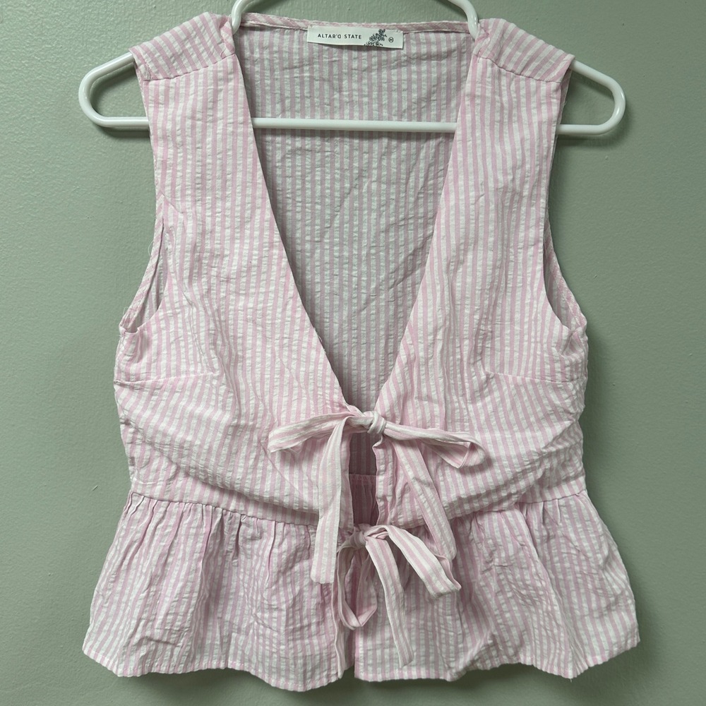 Altar'd State Pink White Striped Seersucker Tie Front Peplum Vest Top Medium